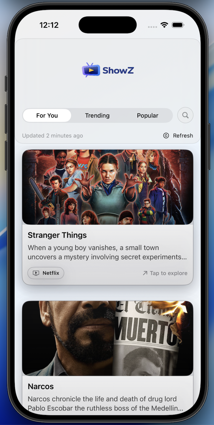 ShowZ V1 For You screen