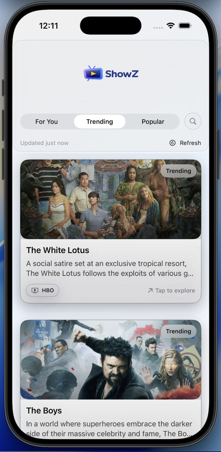 ShowZ V1 Trending screen