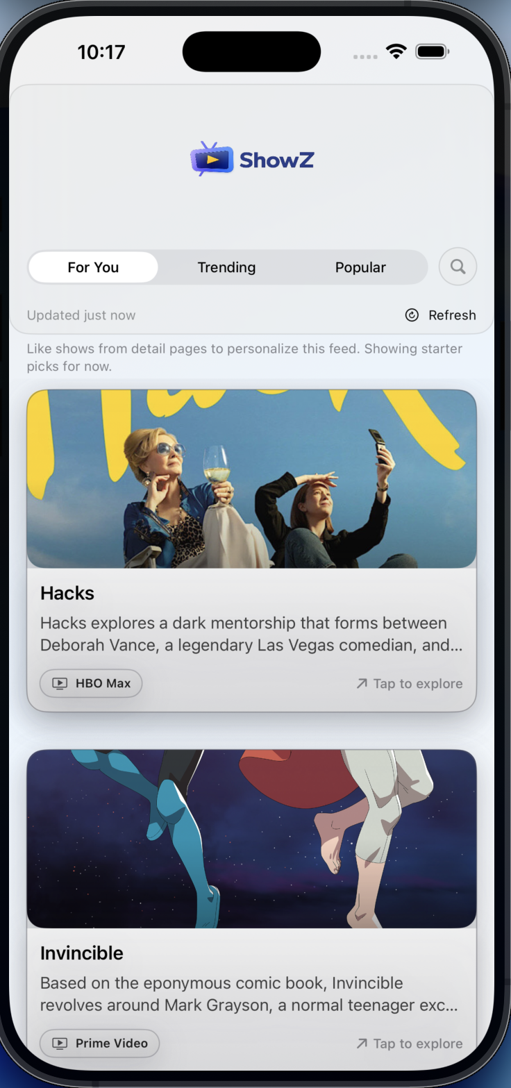 ShowZ V2 For You screen