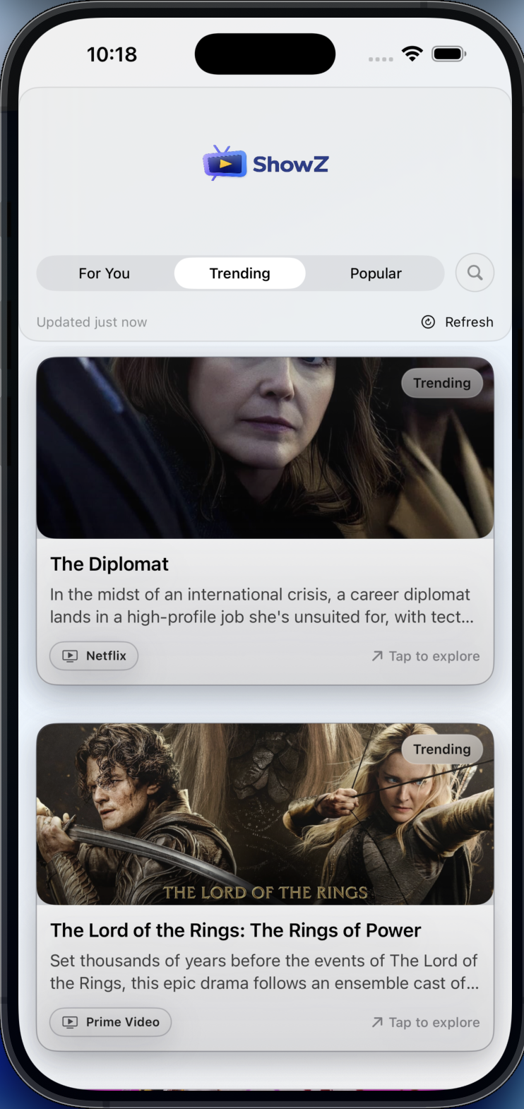 ShowZ V2 Trending screen