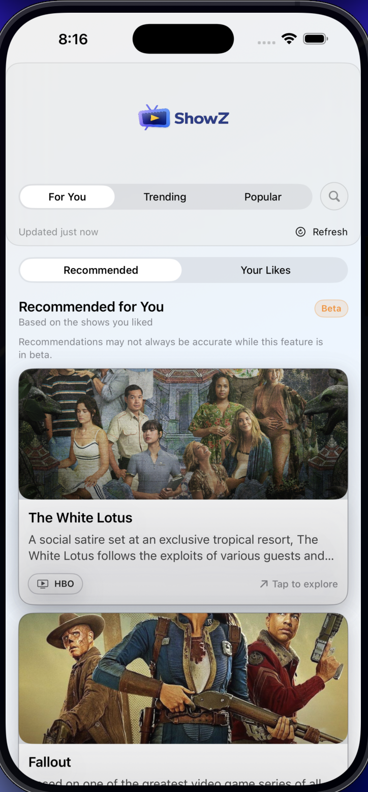ShowZ V3 recommended For You screen