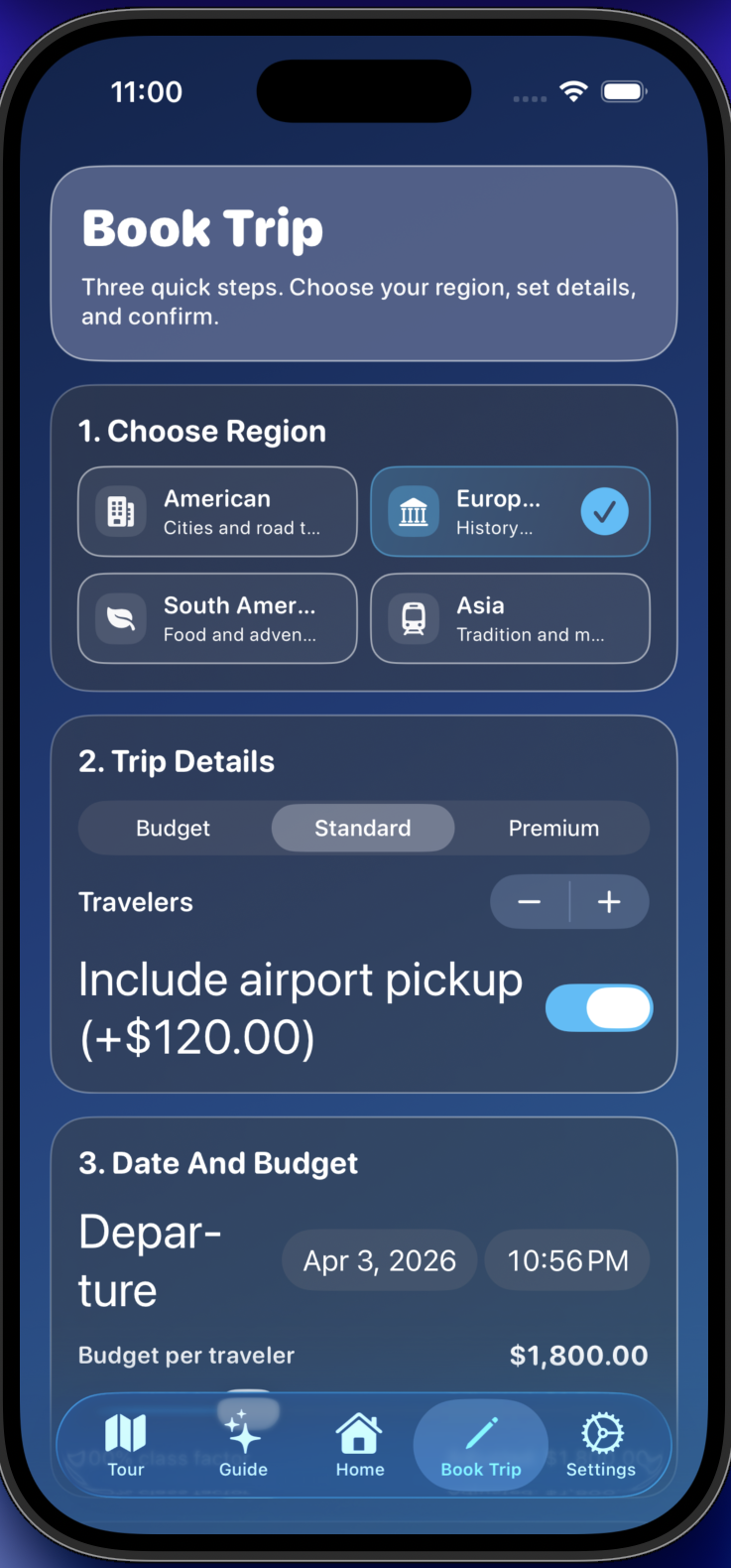 World Tour booking flow screen with updated interaction design