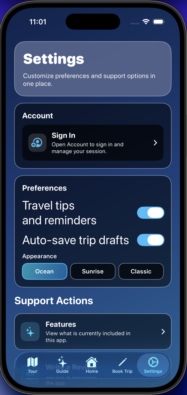 World Tour settings screen with account and sign-in controls