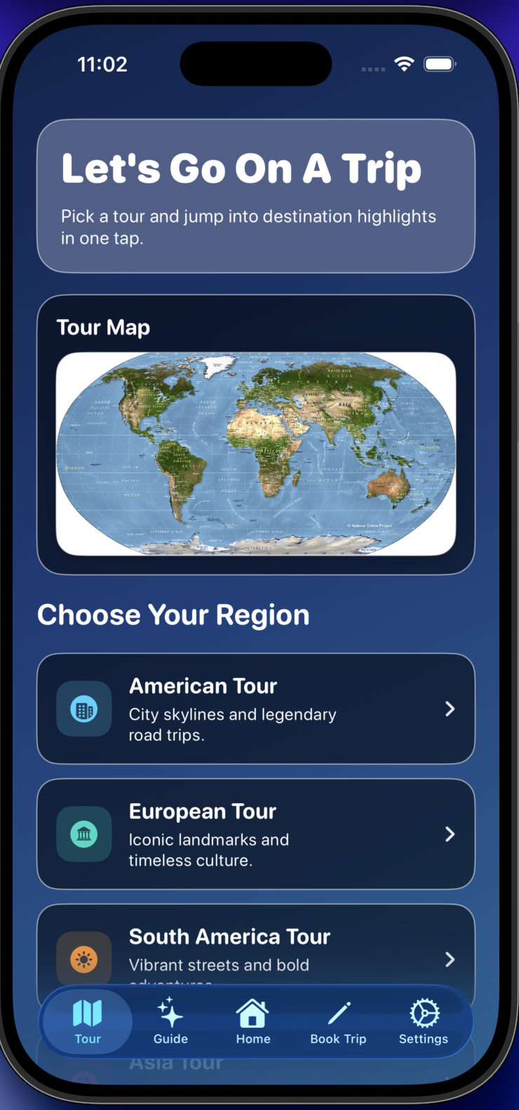 World Tour tours screen showing regional exploration content