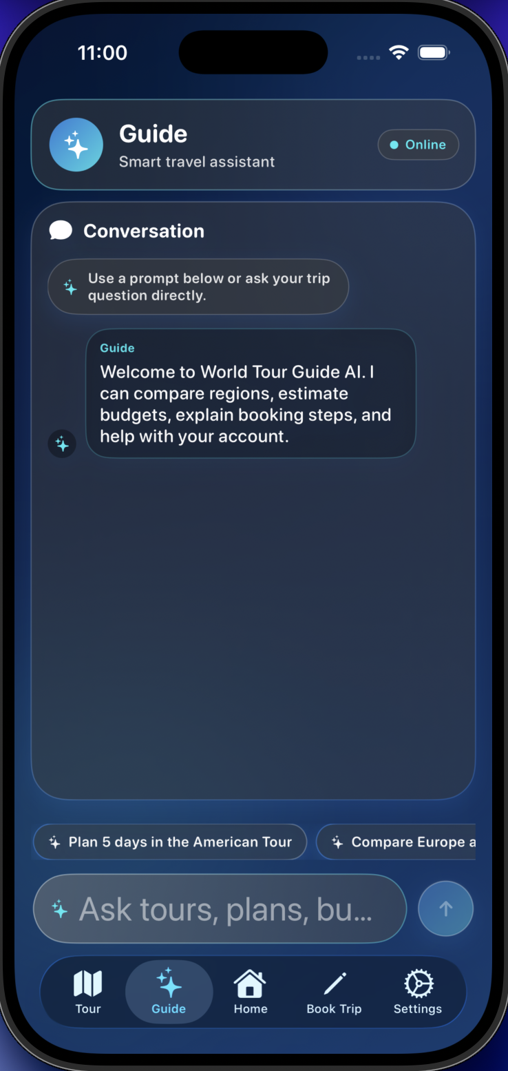 World Tour Guide tab with chatbot-inspired travel assistant interface